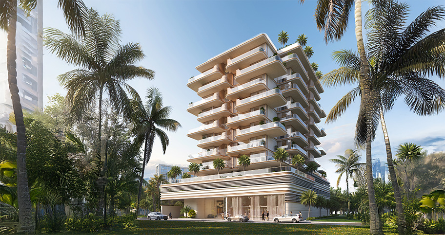 Properties A modern multi-story building surrounded by palm trees and lush greenery under a clear blue sky.